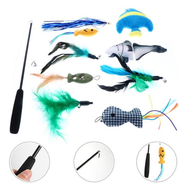 

11pcs cat fishing rod with replacement feather pet plush set toys