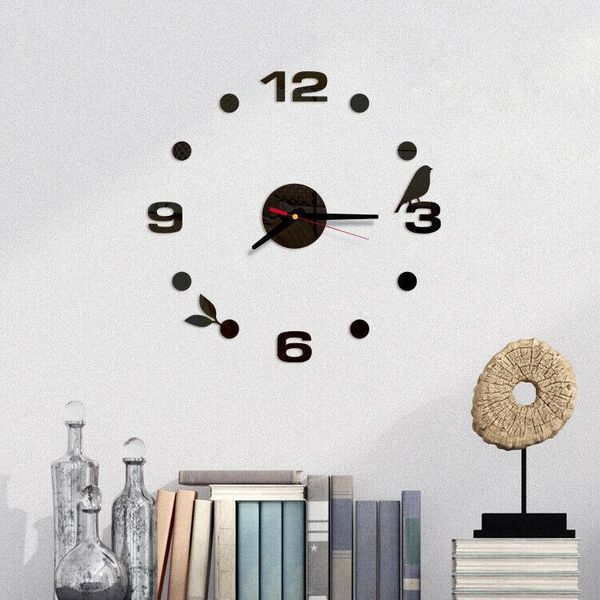 

wall clocks self-adhesive pvc affixed with 3d diy roman numbers cute bird acrylic mirror sticker clock home living room silent