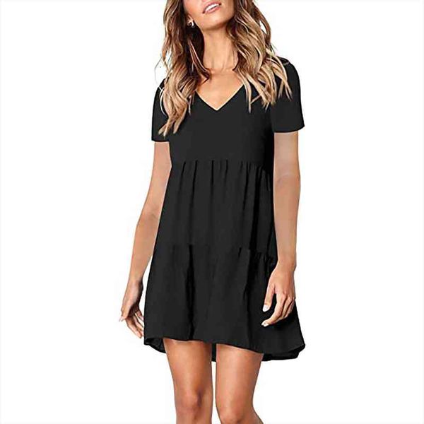 

summer dress women fashion solid color v-neck short sleeve casual swing loose dress casual midi robes, Black;gray
