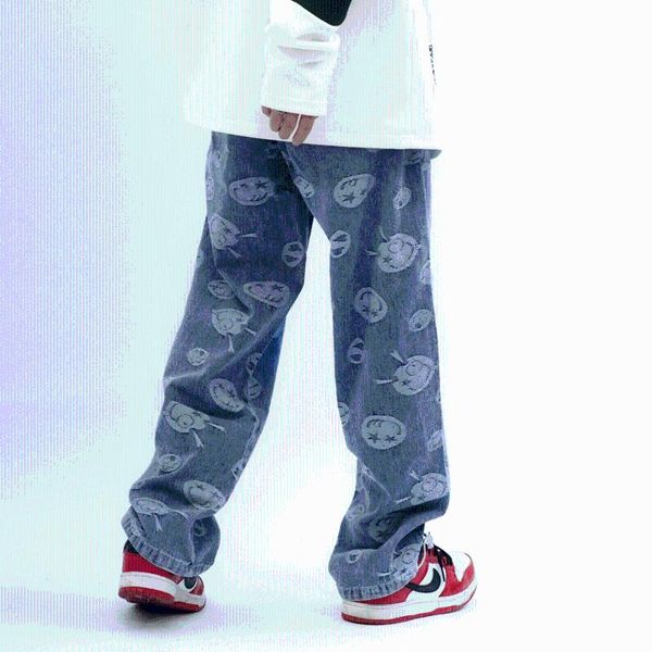 

men's jeans eukaaru graphic streetwear men hip hop baggy women boyfriend oversized denim straight casual wide leg pants, Blue