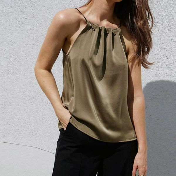 

women's tanks & camis sleeveless halterneck temperament pleated camisole loose satin halter women retro green strapless, White