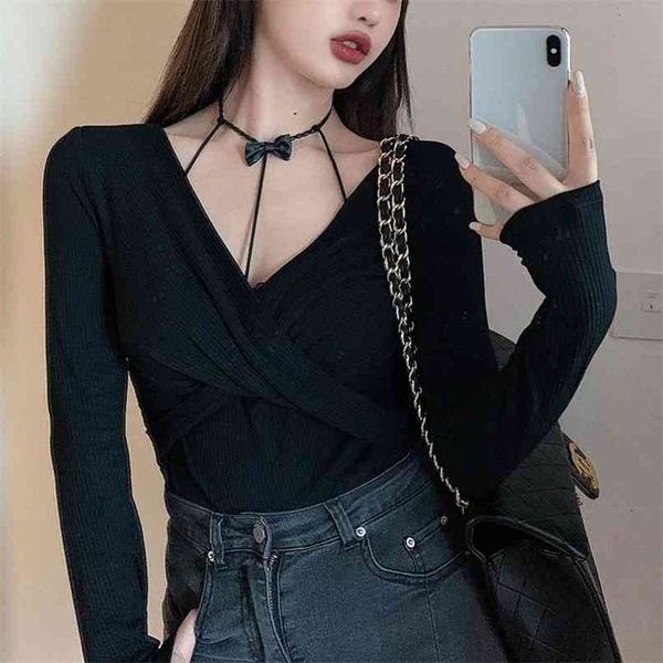 

t-shirt women's v-neck slim black long-sleeved inner bottoming shirt autumn and winter design sense short tights 210529, White