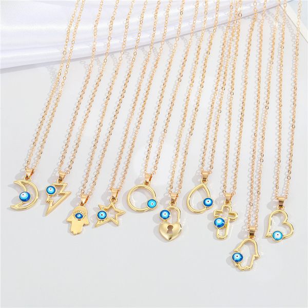 

wholesale creative geometric cross hollow blue eyes clavicle chain necklace devil's eye pendant necklaces, Silver