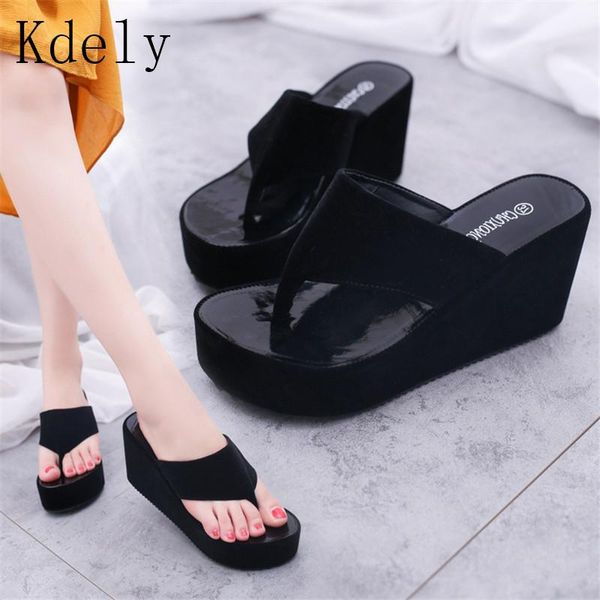 

dress shoes flip flops fashion clip toes womens wedge sandals summer casual beach slippers waterproof platform wedges, Black