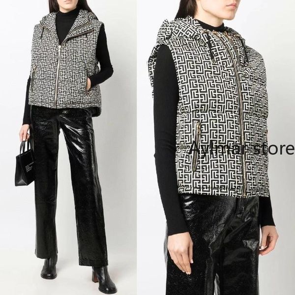 

women's vests autumn and winter 2021 maze pattern sleeveless hooded vest zipper pocket cotton women, Black;white