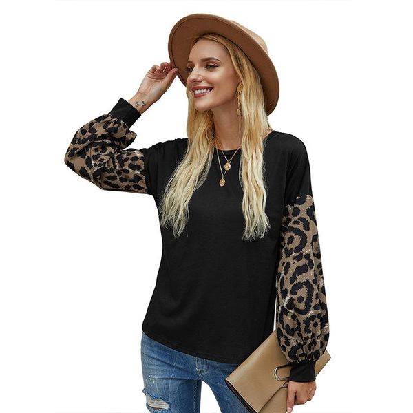 

women's t-shirt 2021 fashion t-shirts for leopard patchwork print o-neck lantern long sleeve female women autumn, White