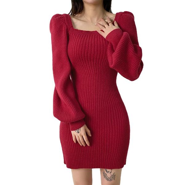 

casual dresses 2021 women\u2021s fashion solid color short dress square collar puff sleeve knitted skinny, Black;gray