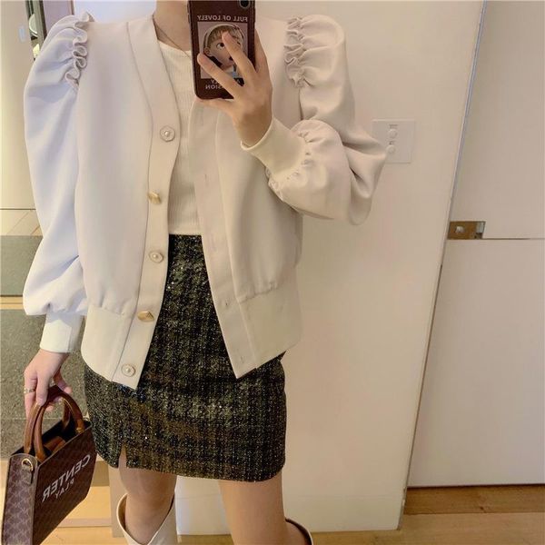 

women's jackets 2021 spring korean design coat puff long sleeve ruffled short solid color jacket fashion elegant button outerwear cloth, Black;brown