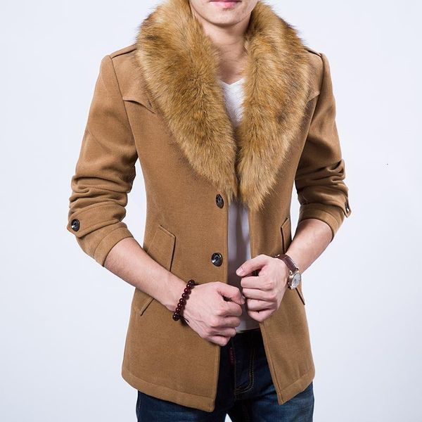 

men's wool & blends plus thick velvet khaki dark blue burgundy black four-color fur collar coat fashion classic1 tndt