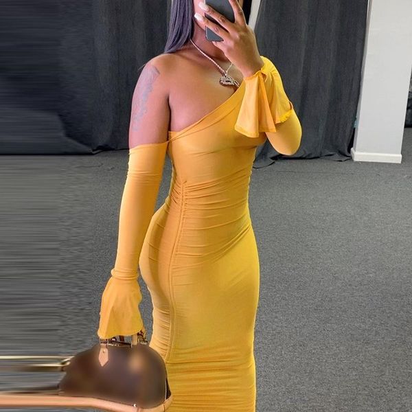 

casual dresses fufucaillm women wrapped bodycon dress one shoulder flared long sleeve ruffle solid color pleated midi 2021 party vestidos, Black;gray