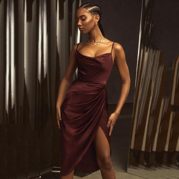 

casual dresses ailigou 2021 summer satin dress skinny draped spaghetti belt sleeveless halter women's party midi vestidos, Black;gray
