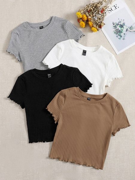 

4pcs lettuce trim rib knit tee d9ch#, White
