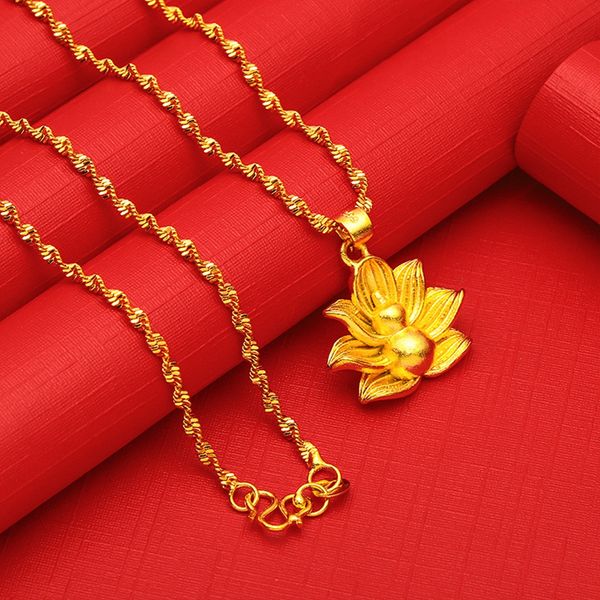 Lotus Flower Gourd Pingente Feminina Clavícula Onda Chain 18k Amarelo Ouro Cheio de Jóias Presente