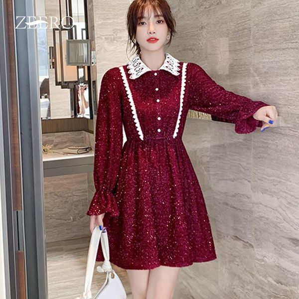 

autumn winter female lace lapel pearl buttons dress women vintage slim flared sleeves red shine christmas party mini dresses casual, Black;gray