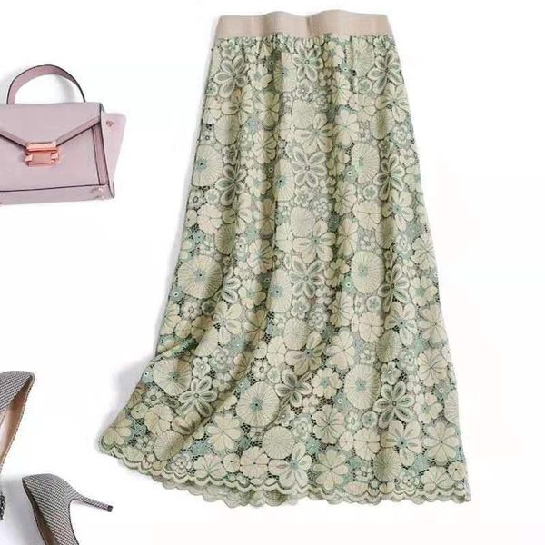 

skirts 2021 front back wear a-word skirt women's autumn winter korean version of high-waisted hook flower hollow lace knitted, Black