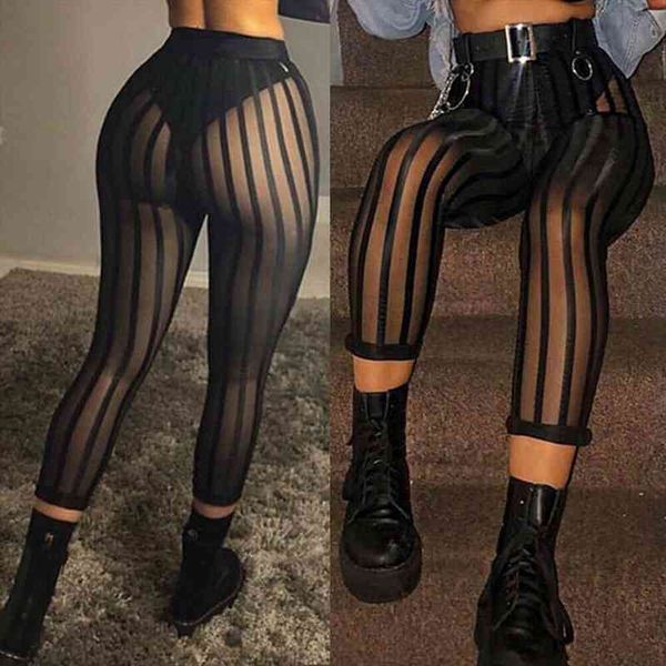 

mesh sheer see through women leggings striped pants high waist bodycon black slim perspective legging trousers