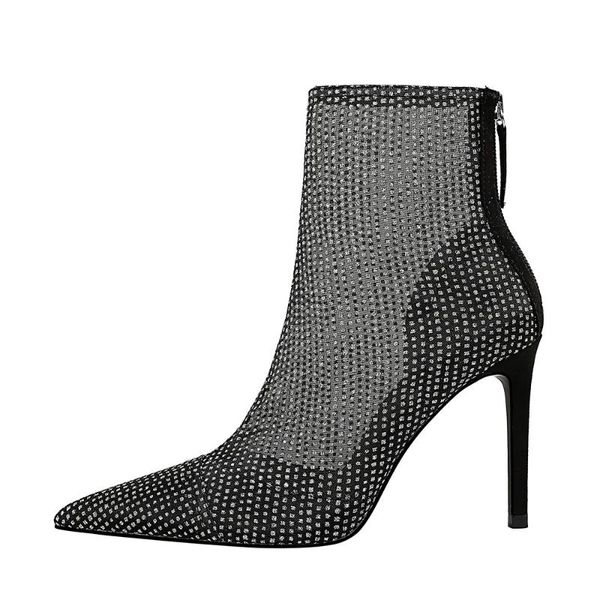 

boots european and american fashion nightclub thin heel super high pointed net lace hollow short, Black
