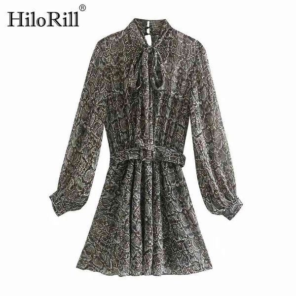 Chic Snake Print Mini платье бабочка галстук шеи повязка леди с длинным рукавом шифон спина пустотеле out vestido de mujer 210508