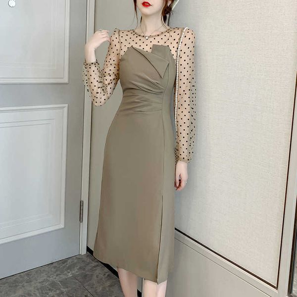 

two piece dress polka dot spring korean split long sleeve high waist pleated midi mesh pacthwork elegant office lady club z406 on8, White