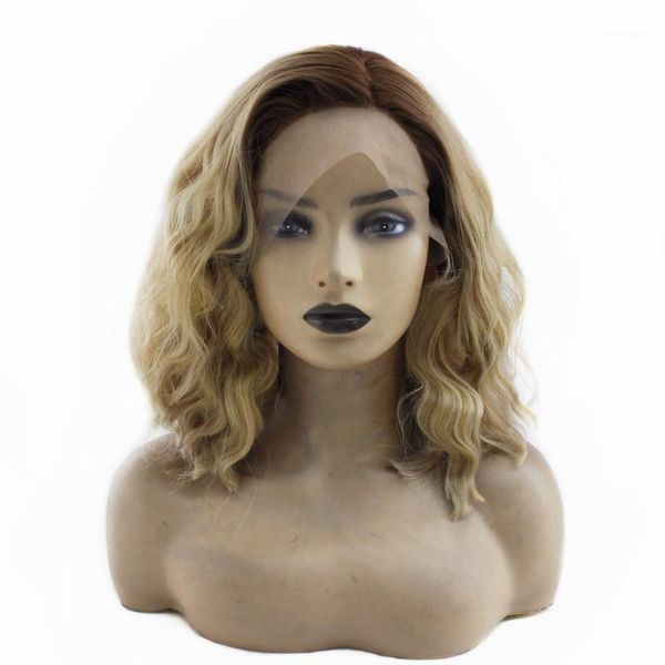 

2 tones brown roots ombre blonde synthetic lace front wigs heat resistant fiber hair dark short wavy for women1, Black