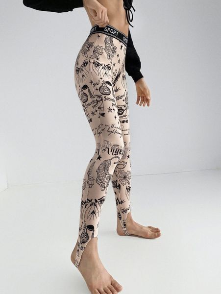 

graphic print letter tape stirrup leggings 04rn#, Black