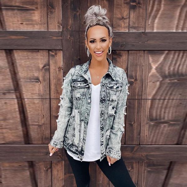 

women's jackets gray/sky blue distressed buttons washed denim jacket women 2021 fashion casual long sleeve autumn spring jeans coat, Black;brown
