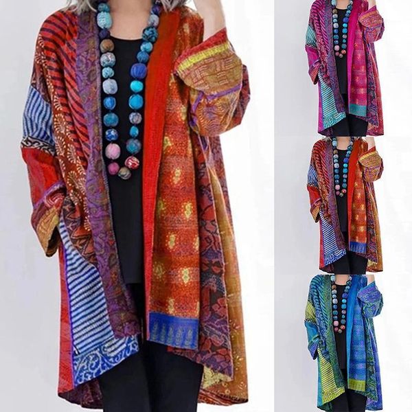 

women's trench coats women print floral vintage 2021 autumn stand long sleeve loose chinese style cotton coat, Tan;black