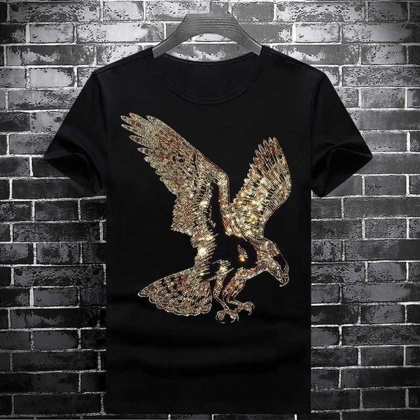 

w0602 / 28 / 30 short sleeve t-shirt backing shirt eagle drill large size couple slim fitting t-shirt rhinestone crew neck fashion brand, White;black