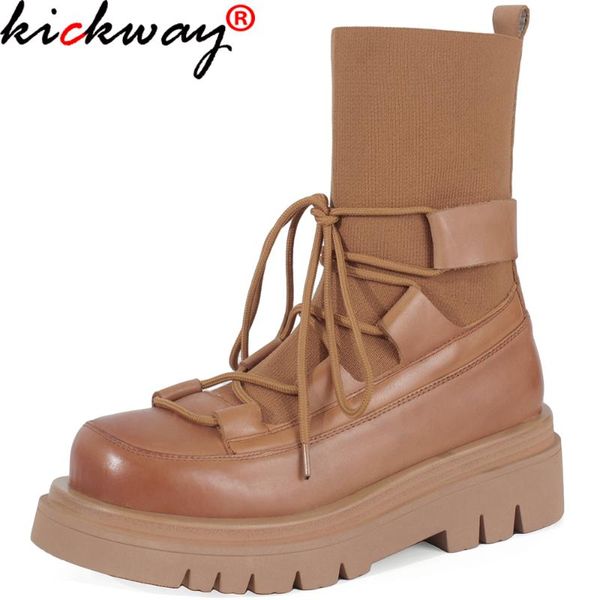 

boots kickway designer shoes women luxury 2021 knitting sock ankle comfortable casual genuine leather ladies, Black
