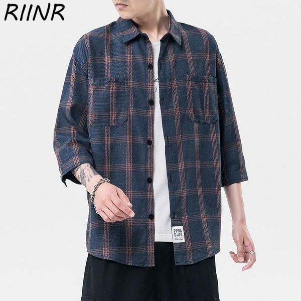 

riinr 2021 summer original male sports couple casual plaid pocket decoration three-quarter sleeve shirt large size -5xl men's shirts, White;black