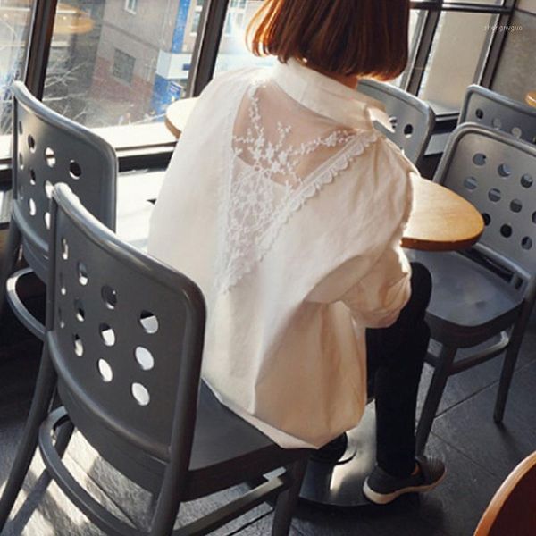 

women's blouses & shirts full turn-down collar white lace hollow out blouse shirt women fashion blusas casual clothing plus size