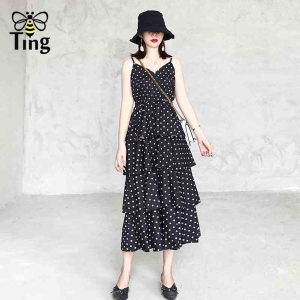 

fashion polka dot print long party dresses women strap layered runway ruffles midi dress casual summer vestidos 210513, Black;gray