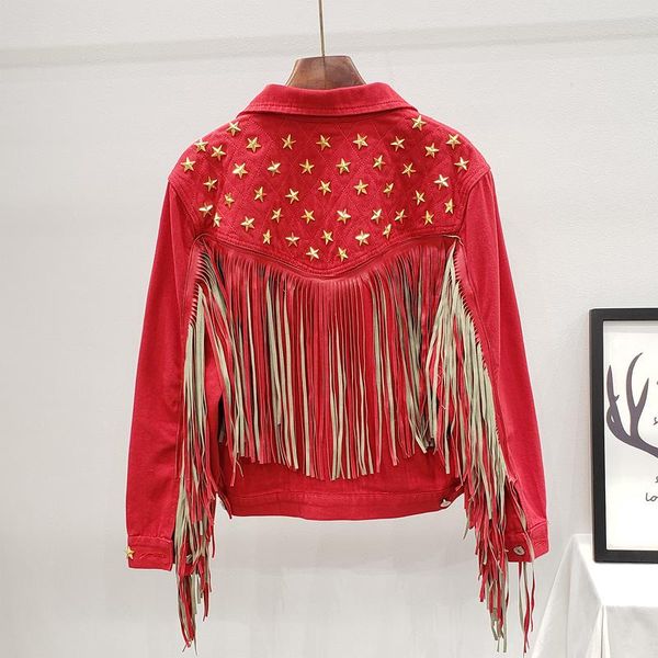 

women's jackets spring autumn clothes pentagram rivet tassel denim jacket for women 2021 loose red black blue jean female streetwear, Black;brown