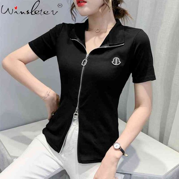 

women's t-shirt summer european clothes cotton solid fashion zipper women short sleeve black white casual tees t15505a 5