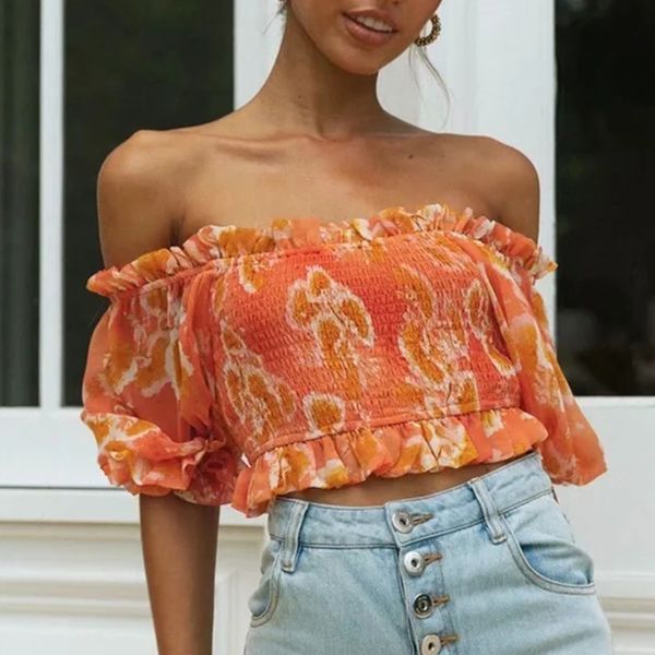 Camicetta in chiffon con spalle scoperte Top Arancione Donna Mezza manica Elastico Crop Top Summer Beach Blusa Mujer 210415