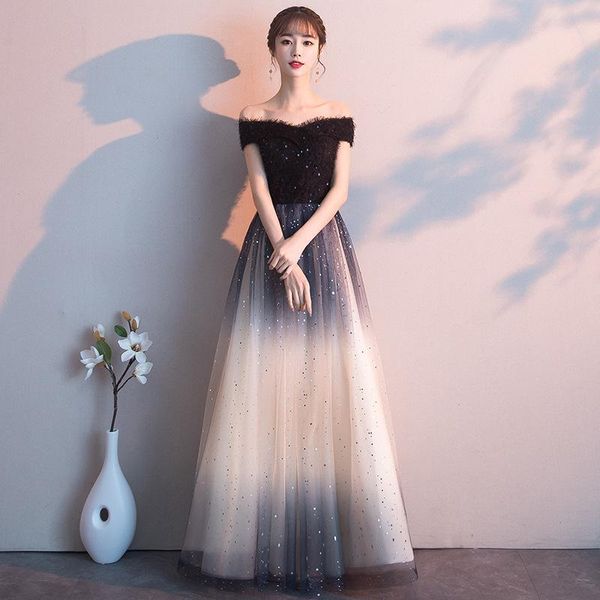 

ethnic clothing black-white gradients sequins off shoulder celebrity dress slash neck qipao floor length feathers mesh patchwork vestid, Red