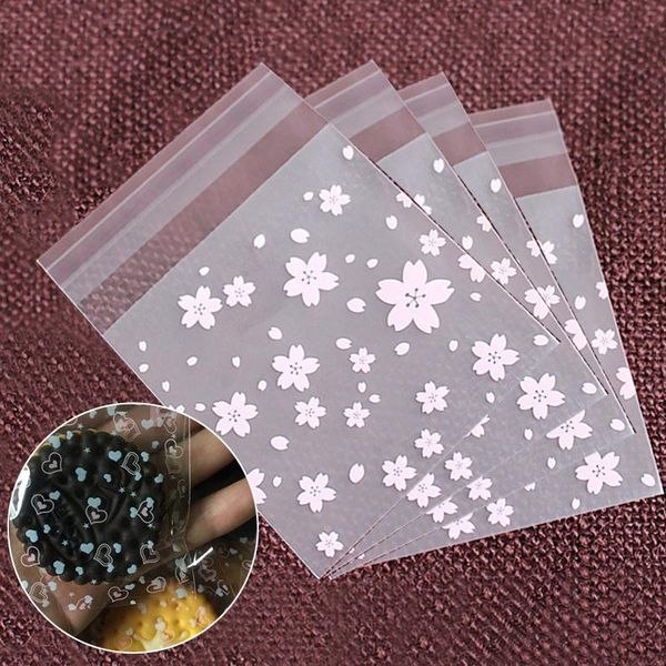

gift wrap 100pcs packing bag sakura printed plastic candy pink frosted self-adhesive baking for biscuit snack jewelry storage