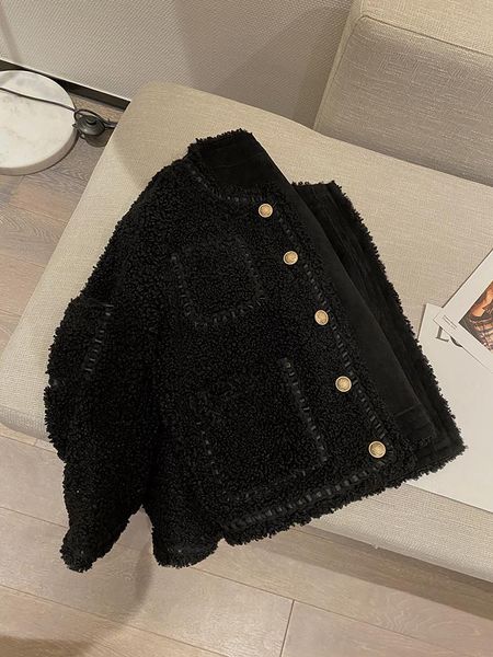 

women's fur & faux lambs coat thickened winter 2021 suede one short, Black