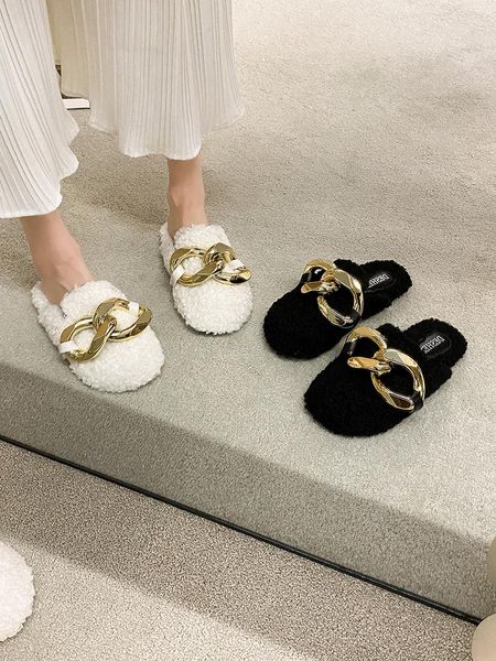 

slippers shoes woman 2021 flat pantofle fur flip flops low rivet cover toe luxury slides massage plush designer pu metal dec, Black