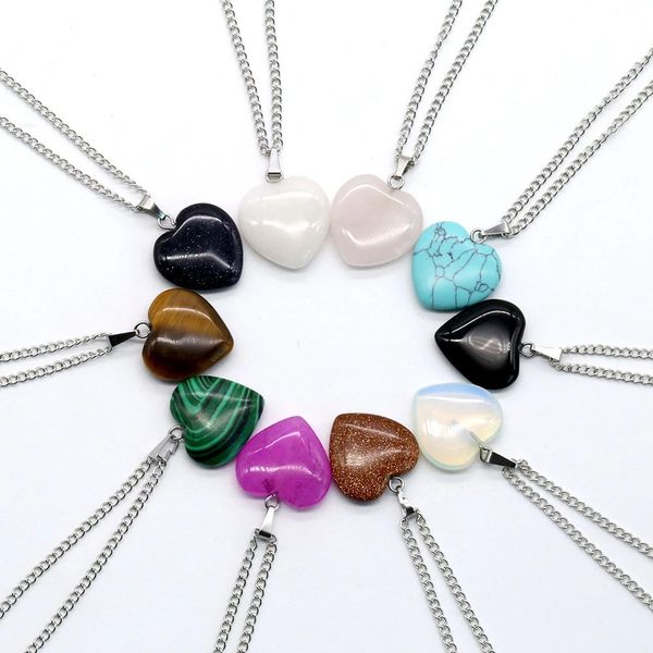 Colar Curnnals Coração Gemstone Natural Quartzo Cristal Cura Chakra Pingente de Pedra + Colar