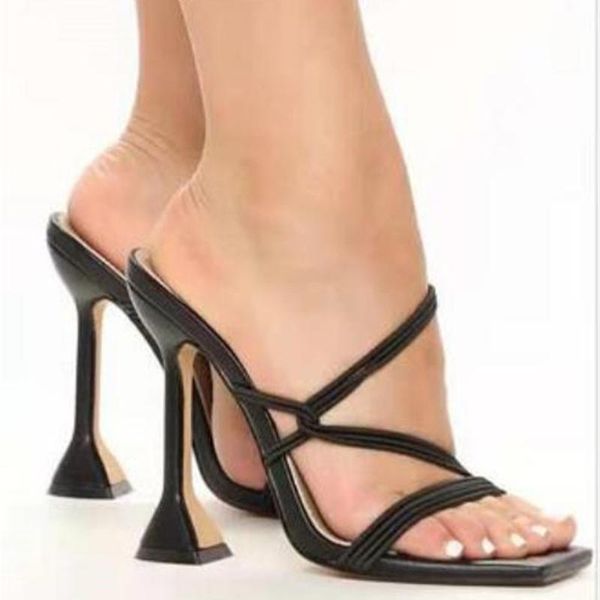 

plus size 35-41 square toe sandals women solid color high heels wedding ankle wrap summer shoes for 2021 sandales femmes, Black