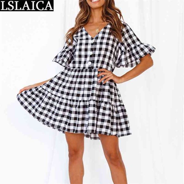 

club dress ruffles button loose casual fashion small fresh style mini es for women short sleeve v neck plaid 210515, Black;gray