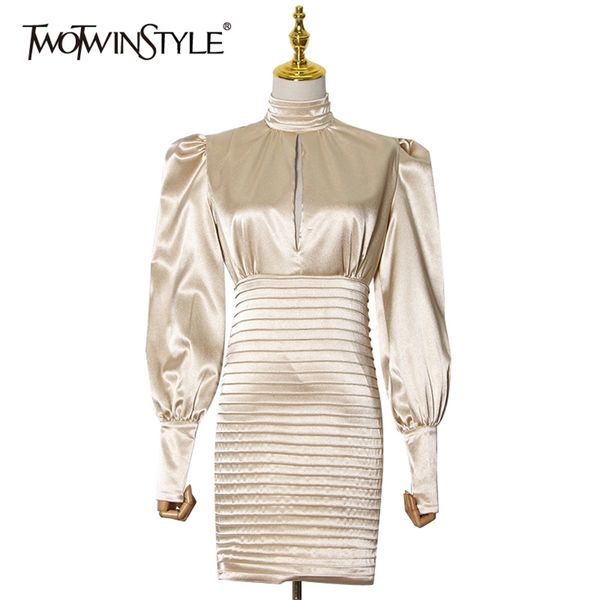 

slim solid dress for female stand collar lantern long sleeve high waist ruched hollow out mini dresses 210520, Black;gray