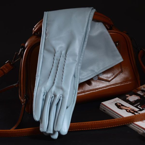 

five fingers gloves women' ladies real leather sheep skin elbow glamorous party evening long customziable, Blue;gray