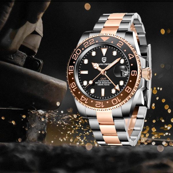 

wristwatches pagani design improved pd1662 rose gold ceramic bezel men mechanical waterproof stainless steel automatic watch, Slivery;brown