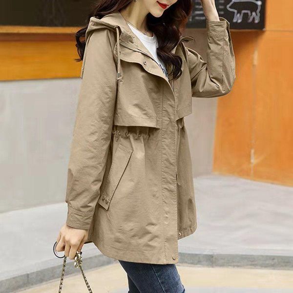 

women's trench coats casual windbreaker jackets mid-length casaco feminino 2021 spring autumn loose waist hooded coat outerwear female, Tan;black