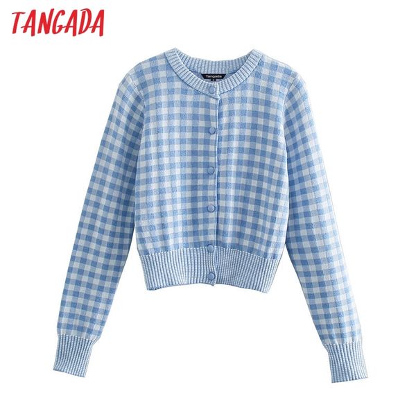 

women elegant blue plaid vintage jumper lady fashion crop knitted cardigan coat 3n27 210416, White;black