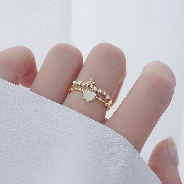 

fish tail ring for women flower pearl solitaire delicate cat eye heart shape double layer party wedding jewelry accessories cluster rings, Golden;silver