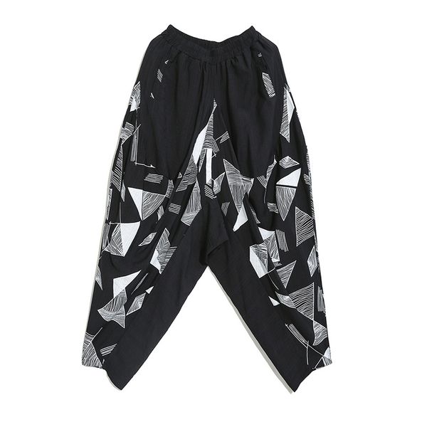 

women cross pants elastic waist black geometric print casual p0024 210514, Black;white
