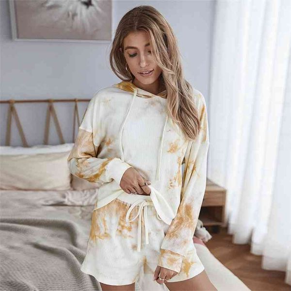 

autumn women set home tie dye long sleeve hooded and shorts army green outfits casual suit loose two piece sets tracksuit 210517, White